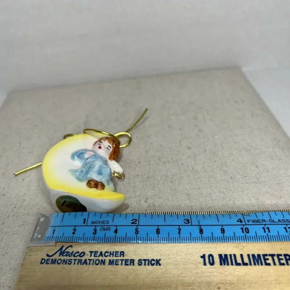 Vintage Pier 1 Japan Porcelain Sleeping Angel Christmas Ornament Blue Moon